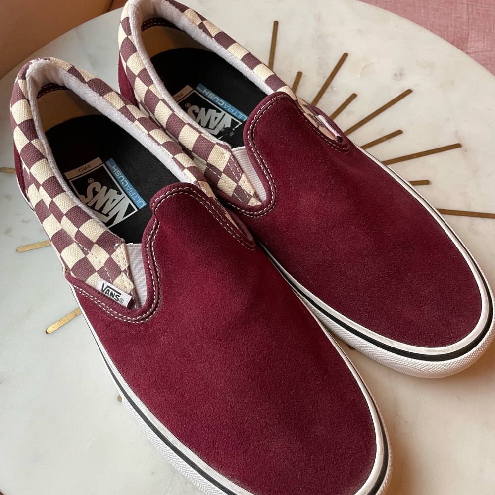 Vans Maroon and Cream Checkered Slip-On Sneakers